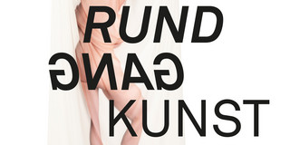 Bild mit Text "Rundgang Kunst" und eine künstlerische Arbeit: ein Textil auf den das Foto eines nackten in sich verdrehten Körpers gedruckt ist